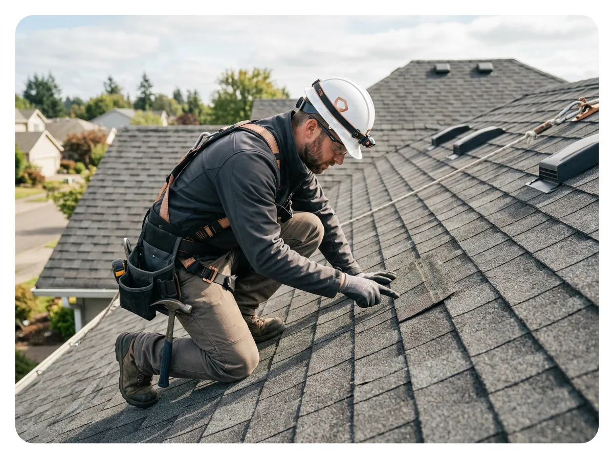 Professional roofer in safety gear carefully inspecting asphalt shingles