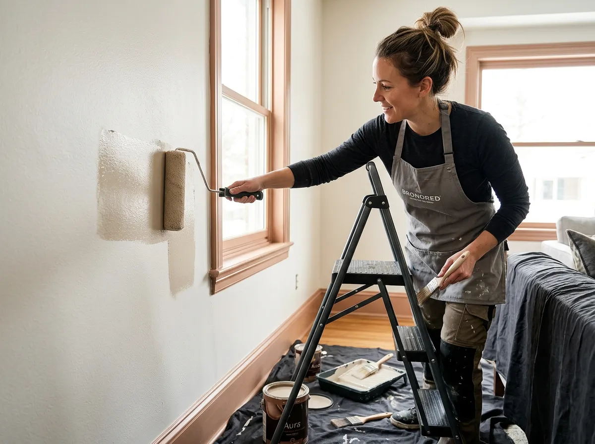 Painter applying clean coat of warm neutral paint in living room