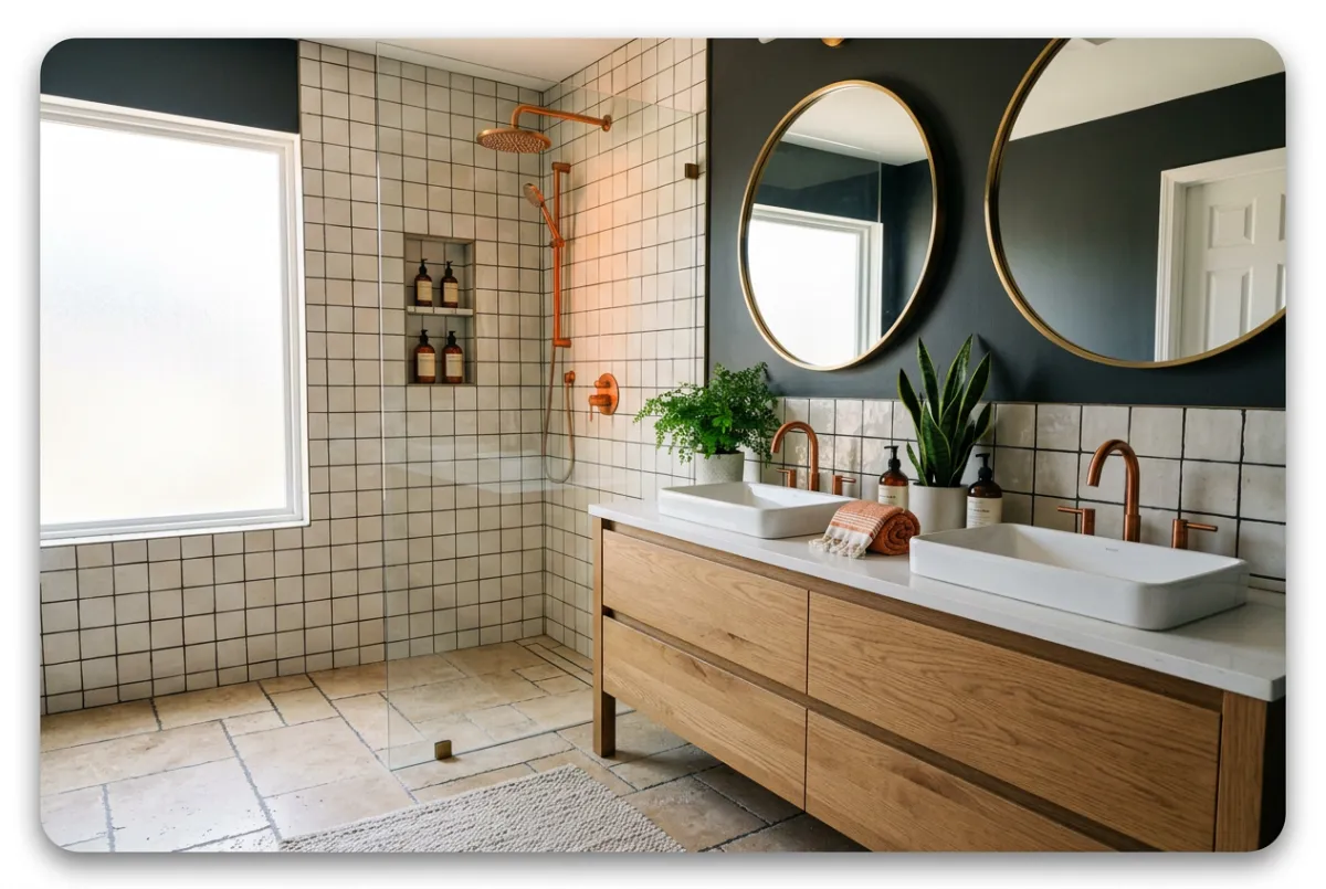 Renovated master bathroom with walk-in tile shower and modern vanity fixtures