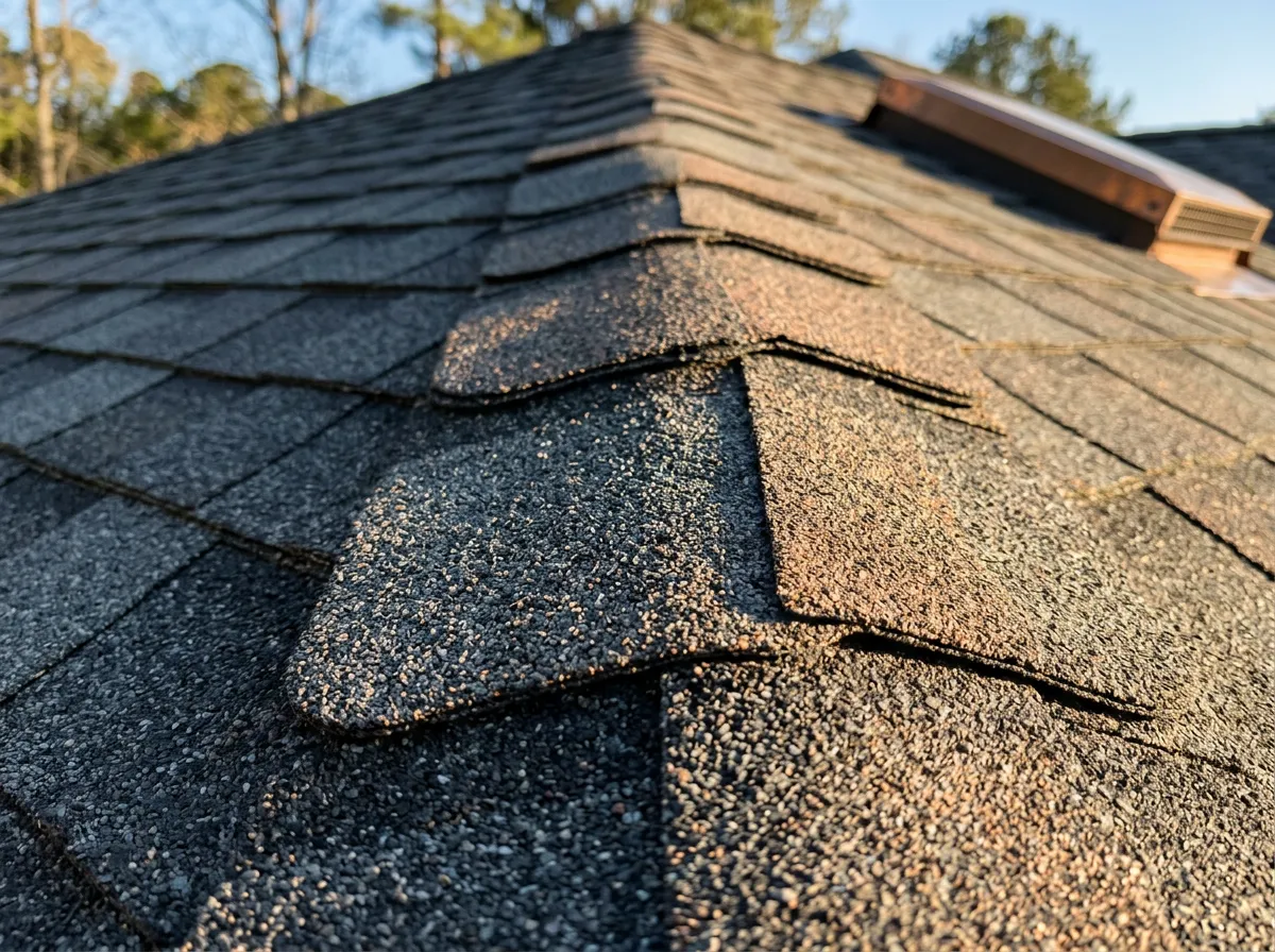 Detail closeup of quality architectural asphalt roofing shingles installed on residential home