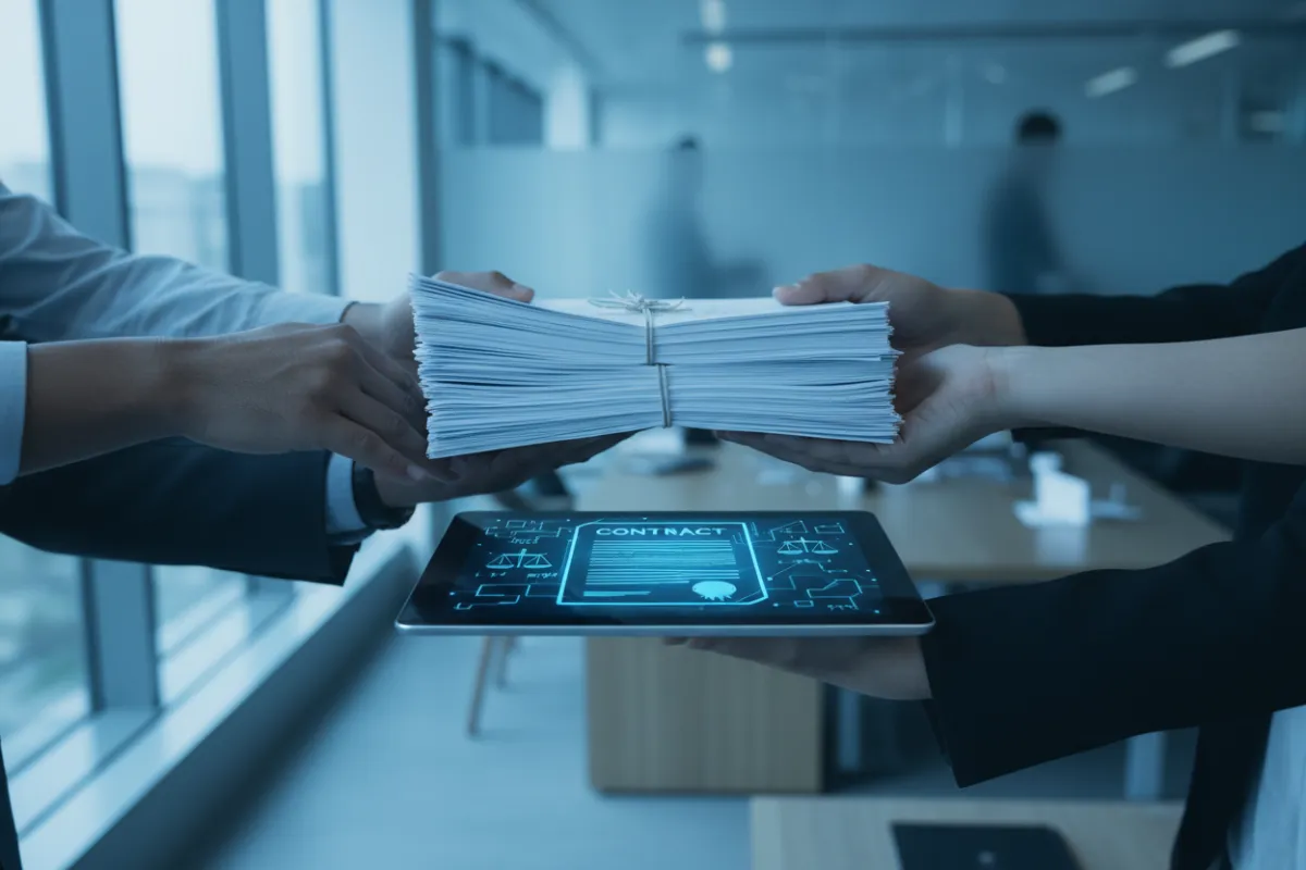 A close-up of a diverse group of hands holding a stack of official documents, with a digital tablet displaying a legal contract, set against a softly blurred office background. The image uses a cool blue palette and natural light, evoking trust and professionalism.