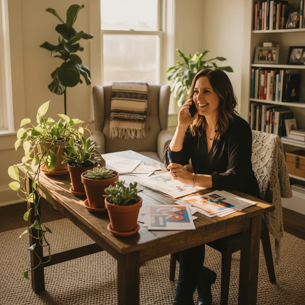A small business owner sitting at a desk, speaking on the phone while reviewing marketing materials. The office is cozy and filled with plants, with sunlight streaming through the window, creating a welcoming and approachable atmosphere.