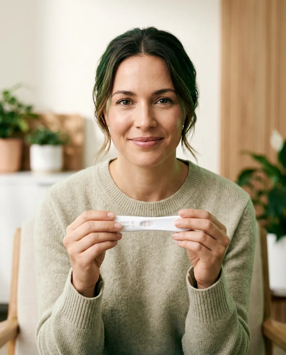 Woman holding a positive pregnancy test and smiling gently