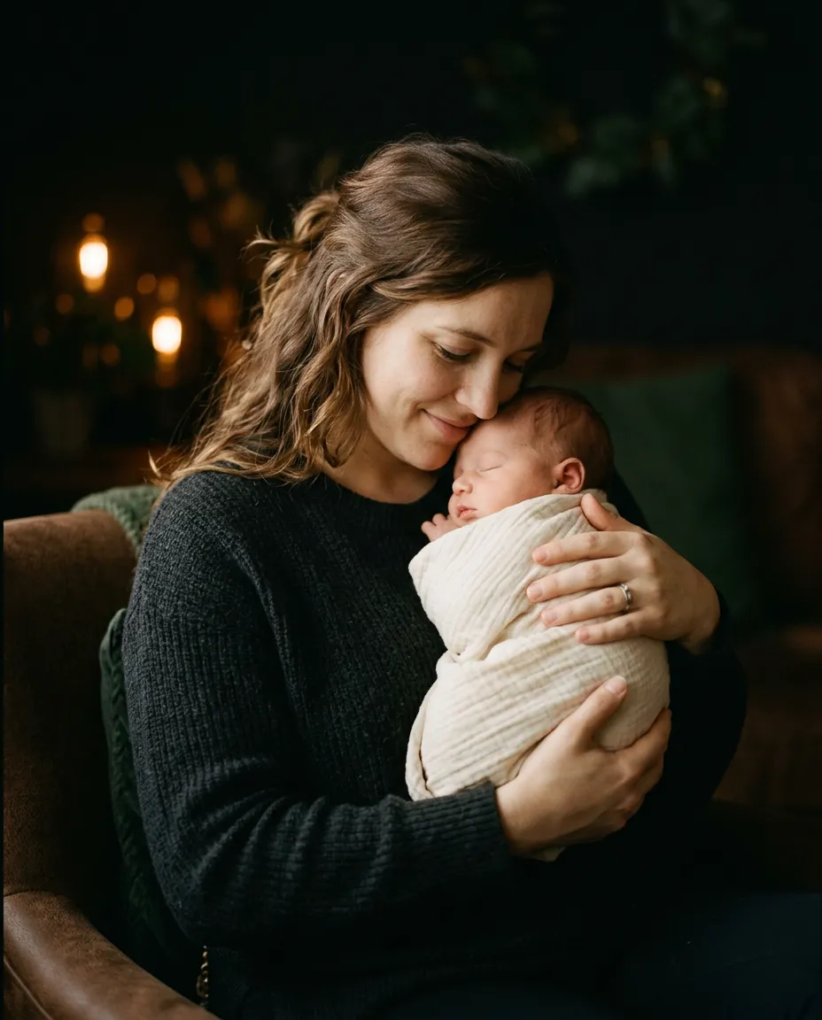 Mother tenderly holding her peaceful newborn baby