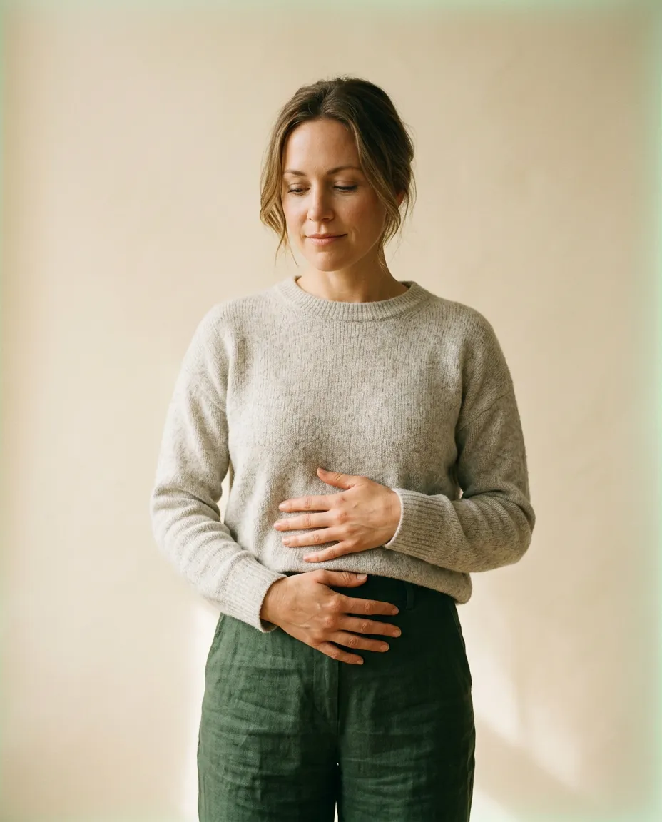 Woman gently placing hands over abdomen focusing on mindful digestive health