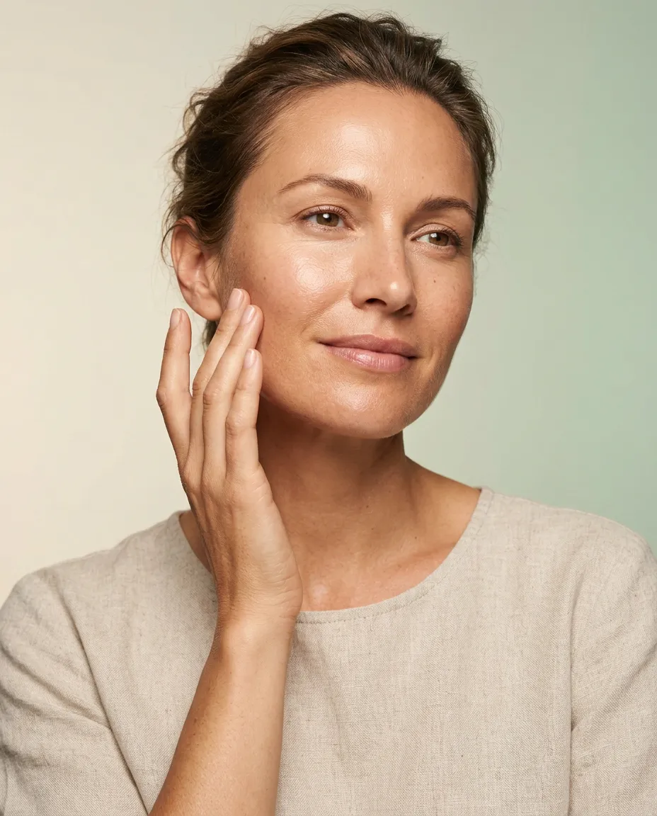Healthy radiant woman gently touching her clear glowing skin