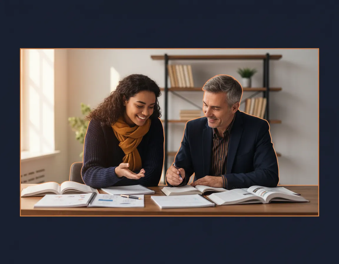 Confident student interacting with tutor