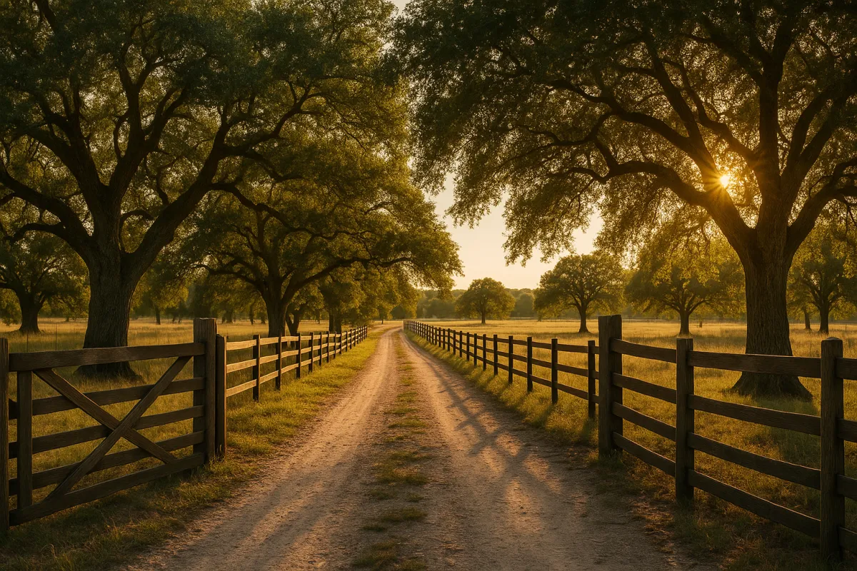 Rustic ranch driveway with mature oaks in late-afternoon sun