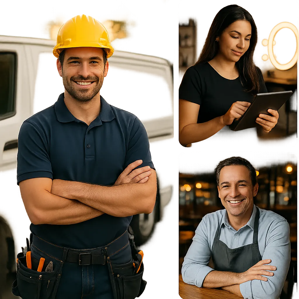 Composite image of local business owners looking relieved and successful