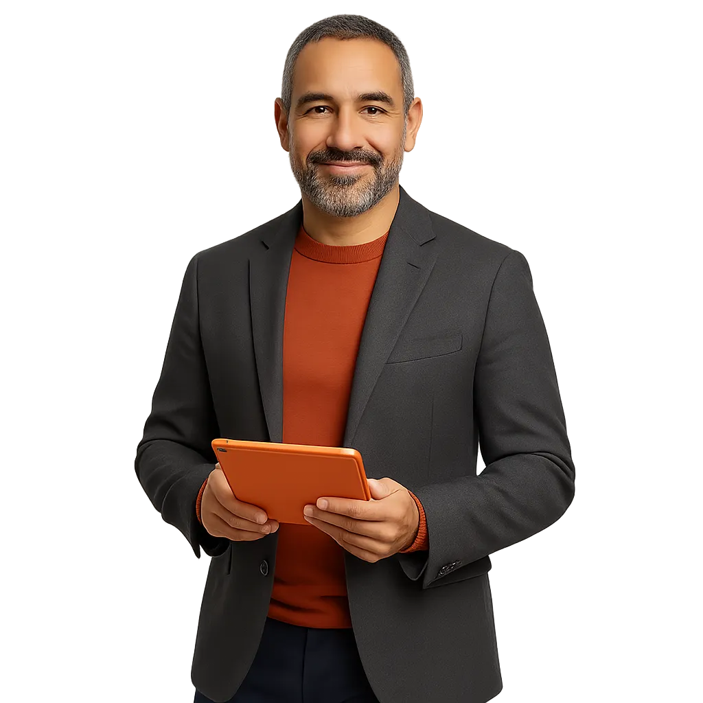 A confident, friendly local business owner holding a digital tablet