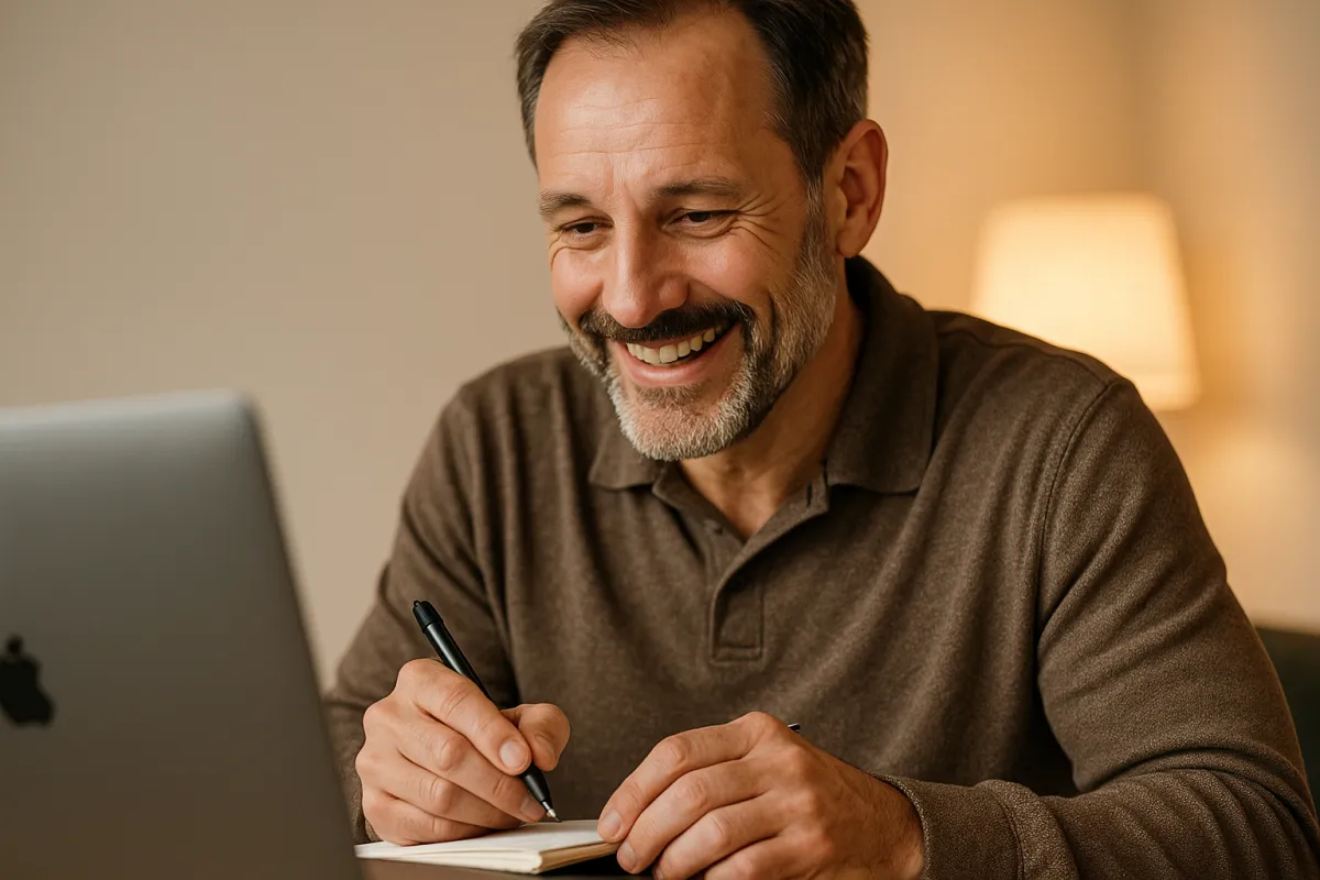 Coach on a video call, smiling and taking notes; warm, candid photorealistic style