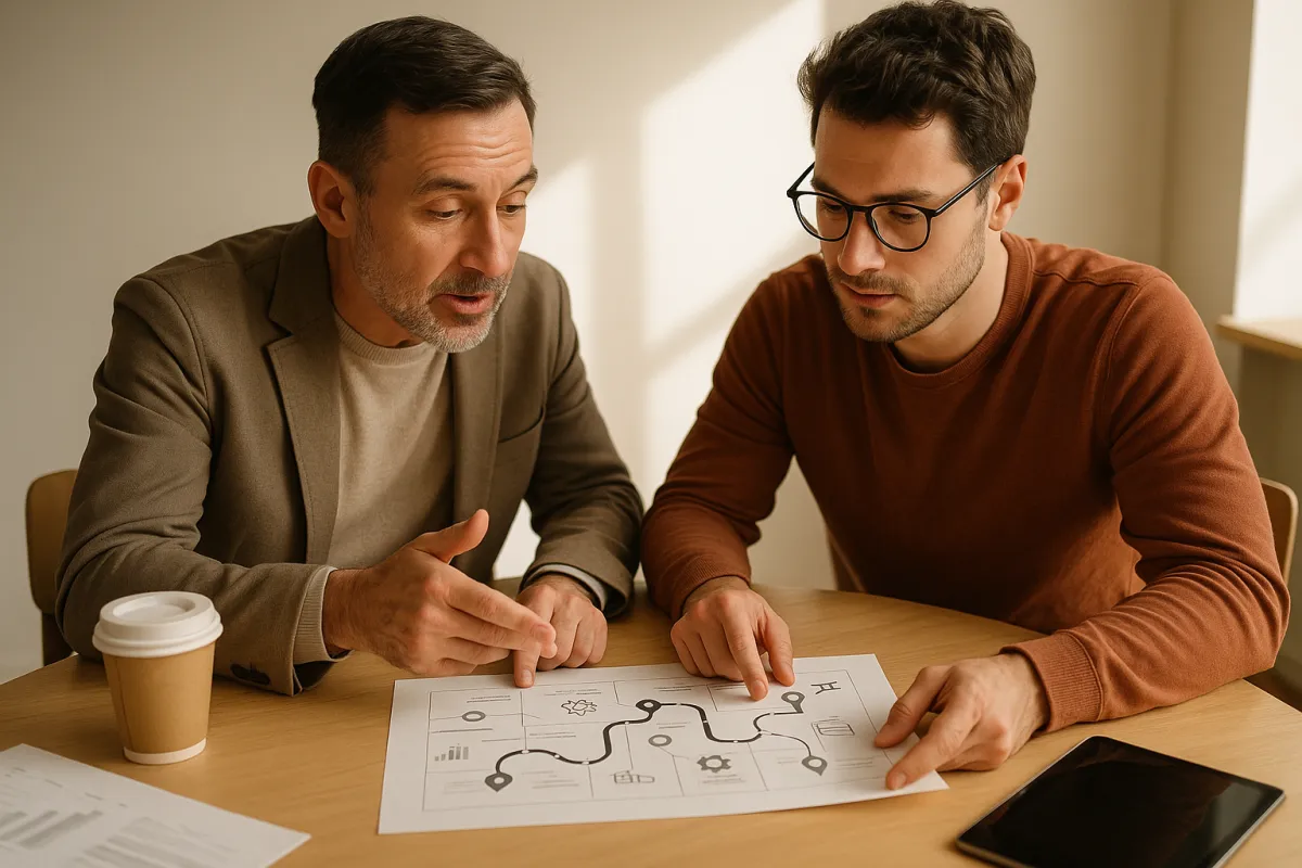 Coach and entrepreneur reviewing a roadmap over coffee, emphasizing clarity and practical planning.