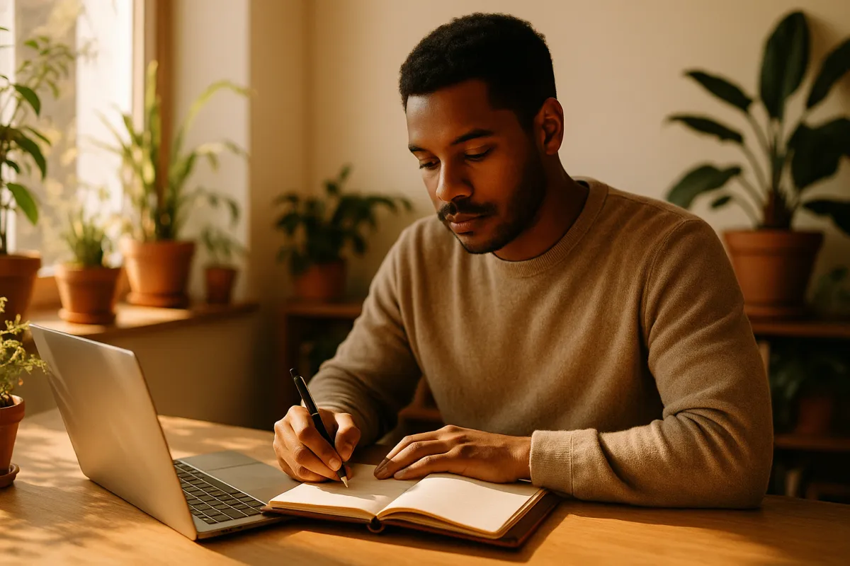 Entrepreneur writing in notebook in sunlit studio