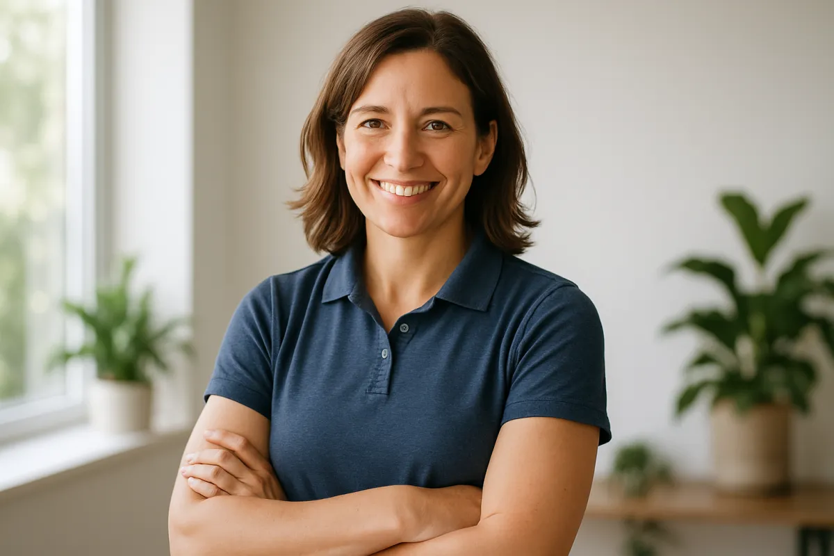 Coach standing confidently in a bright workspace, smiling, with plants in the background