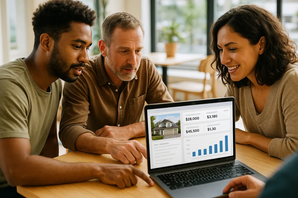 Small investor team reviewing MyMAO results on a laptop at a bright café table, collaborative and fast.