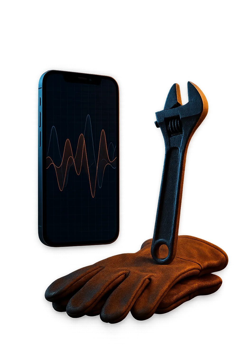 AI Smartphone interface held next to tradesman tools