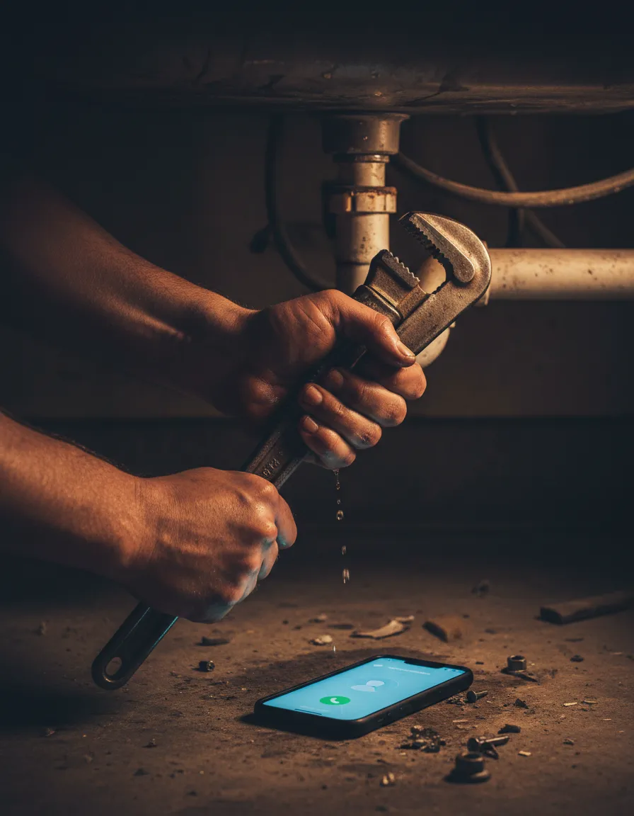Tradesman working under a sink with tools, unable to answer phone
