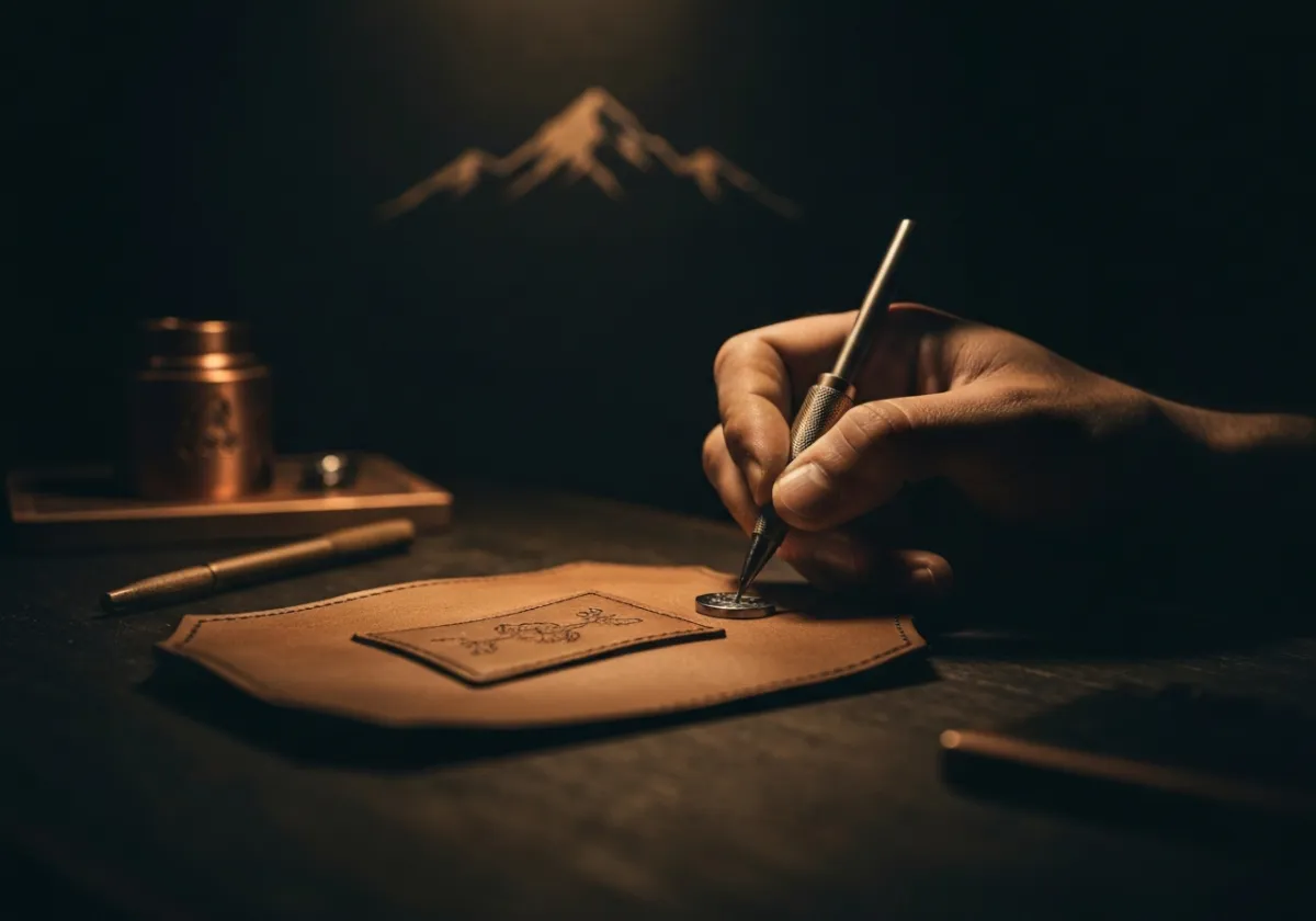 Cinematic close-up of hands personalizing a keepsake in a dark, premium workshop with warm light and subtle mountain-inspired details.