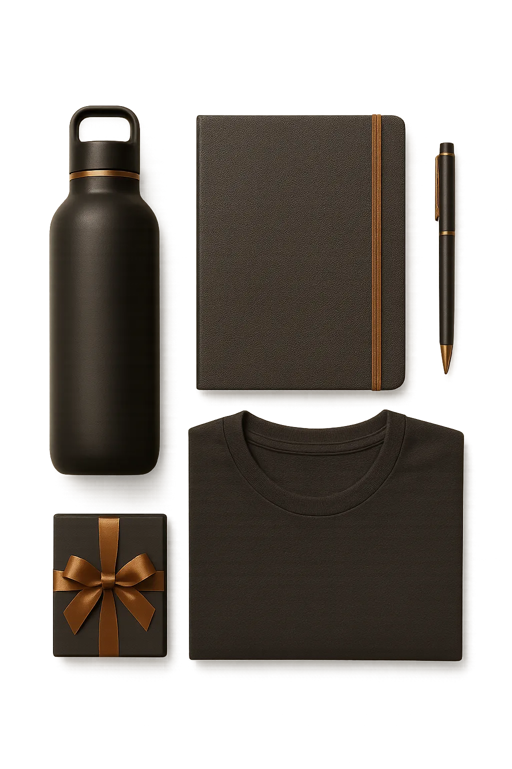 Coordinated brand collection mockup displaying premium apparel, embroidered hats, drinkware, and packaging.