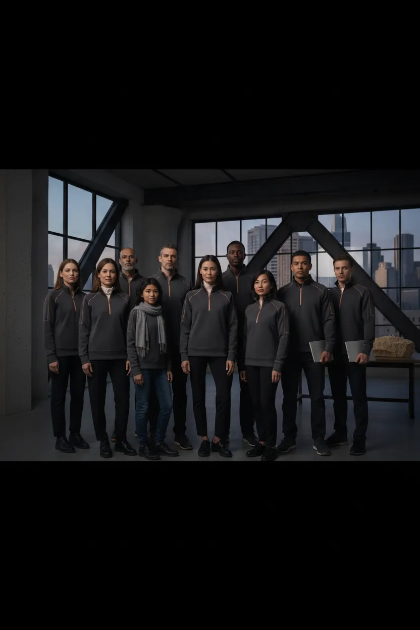 Professional group custom apparel styled in an editorial photography shoot showcasing high quality uniforms and teamwear