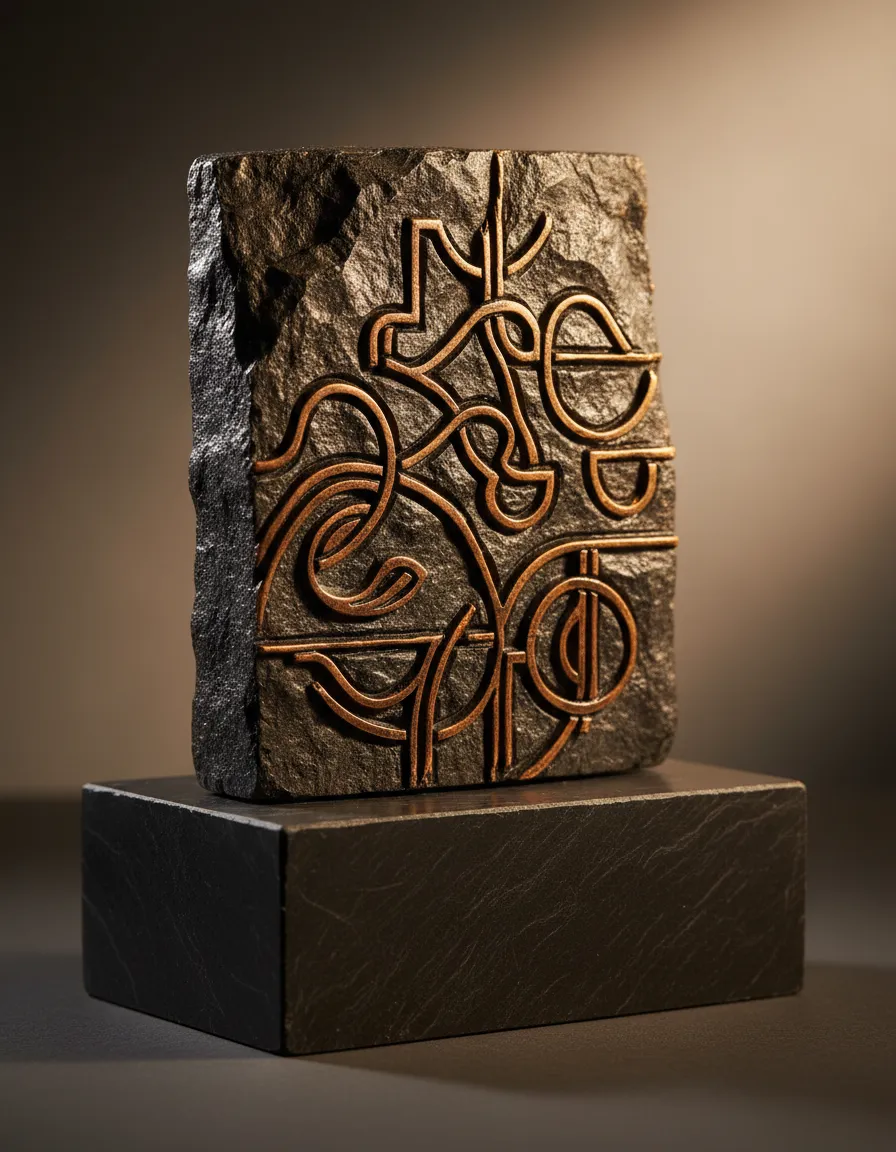 Macro shot of an engraved recognition piece with warm bronze highlights on black stone.
