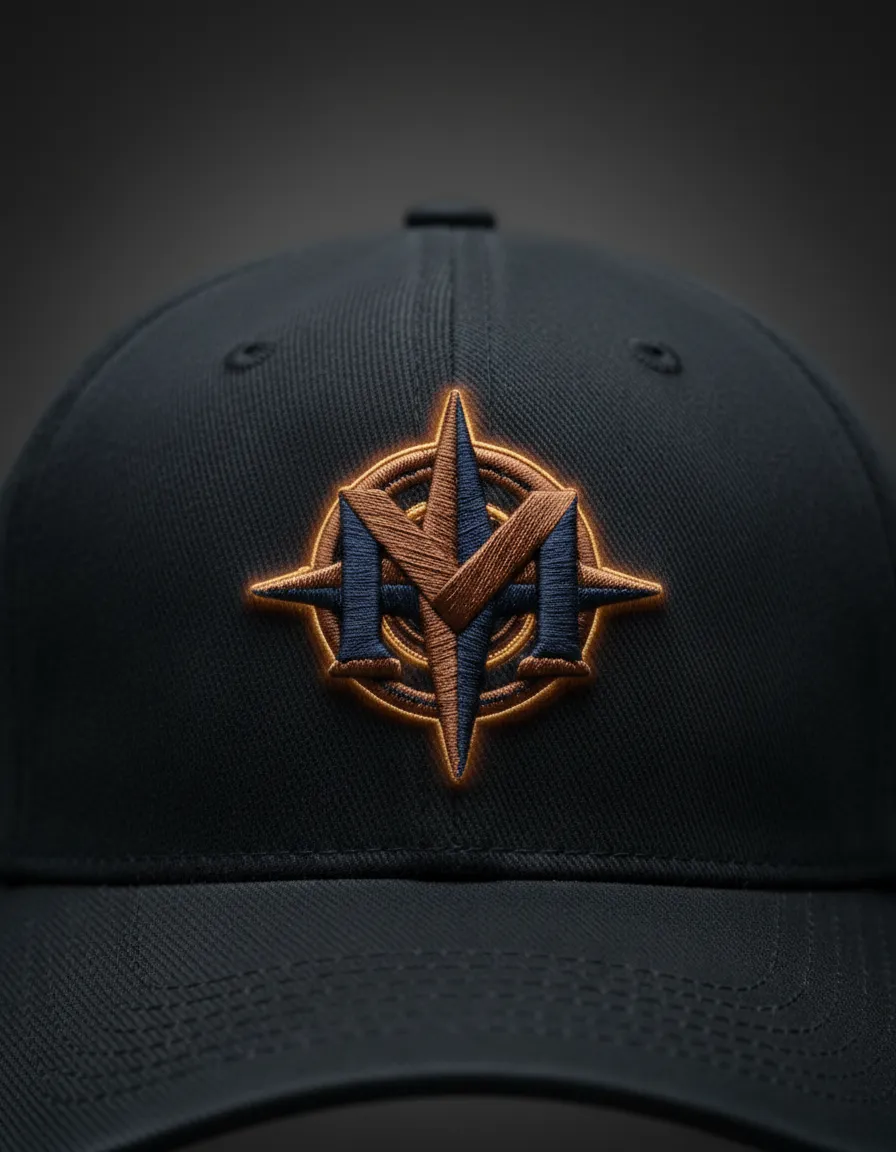 Close-up of a premium business logo embroidered on a dark hat