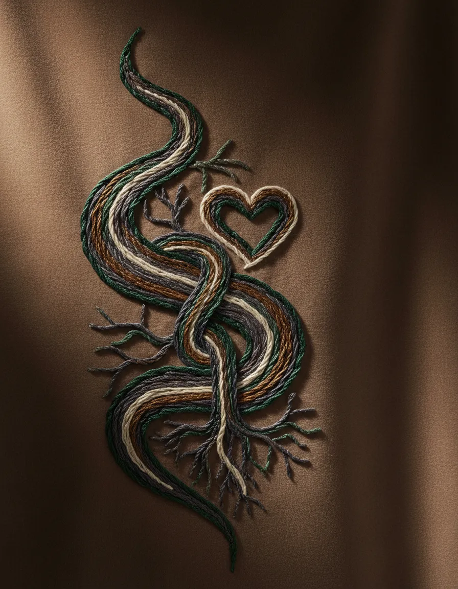 Tactile embroidery of cause-related artwork with warm directional lighting
