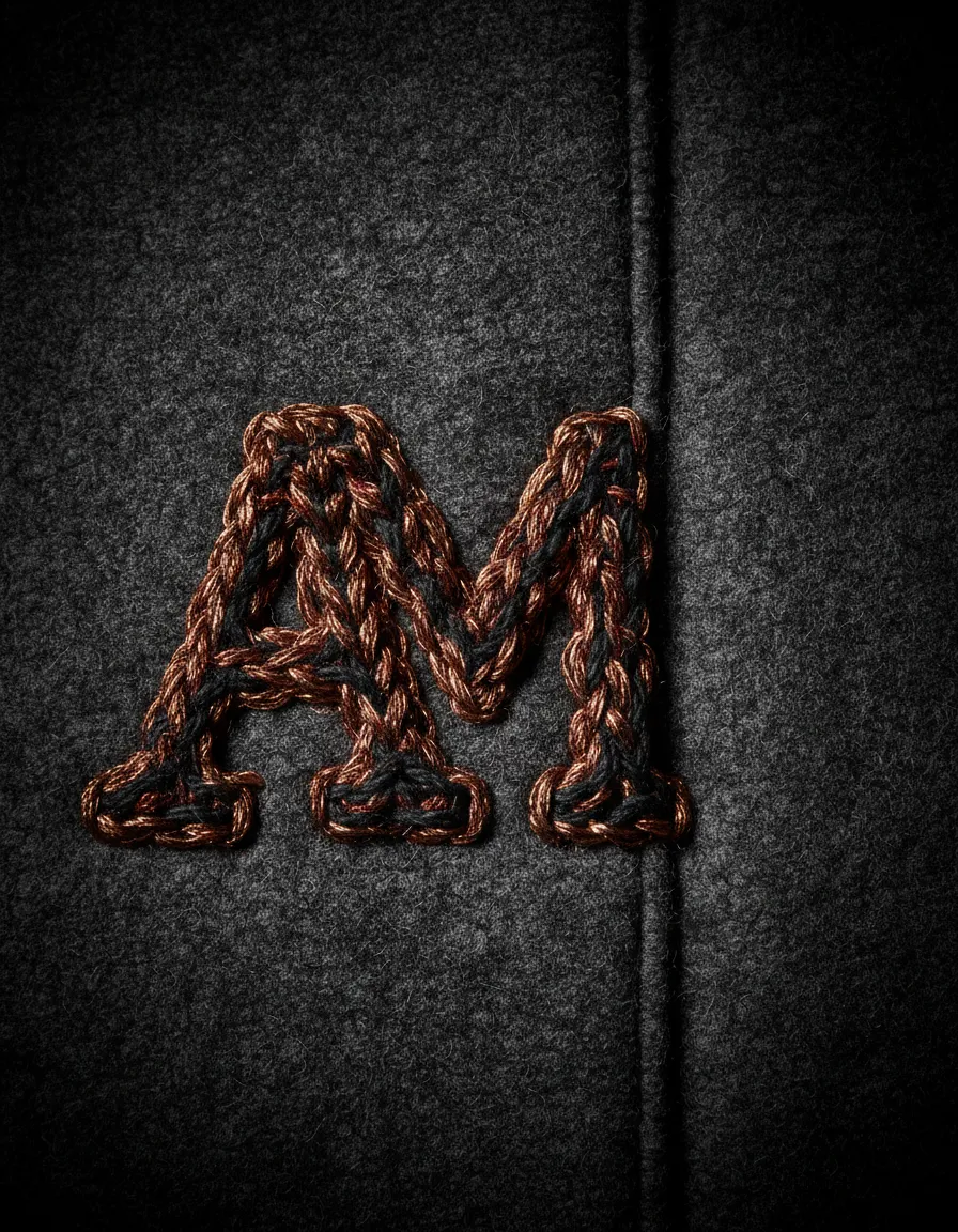 Detailed embroidery of initials on charcoal wool