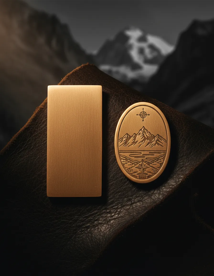 A raw piece of metal alongside an engraved finished piece, illuminated by warm cinematic lighting