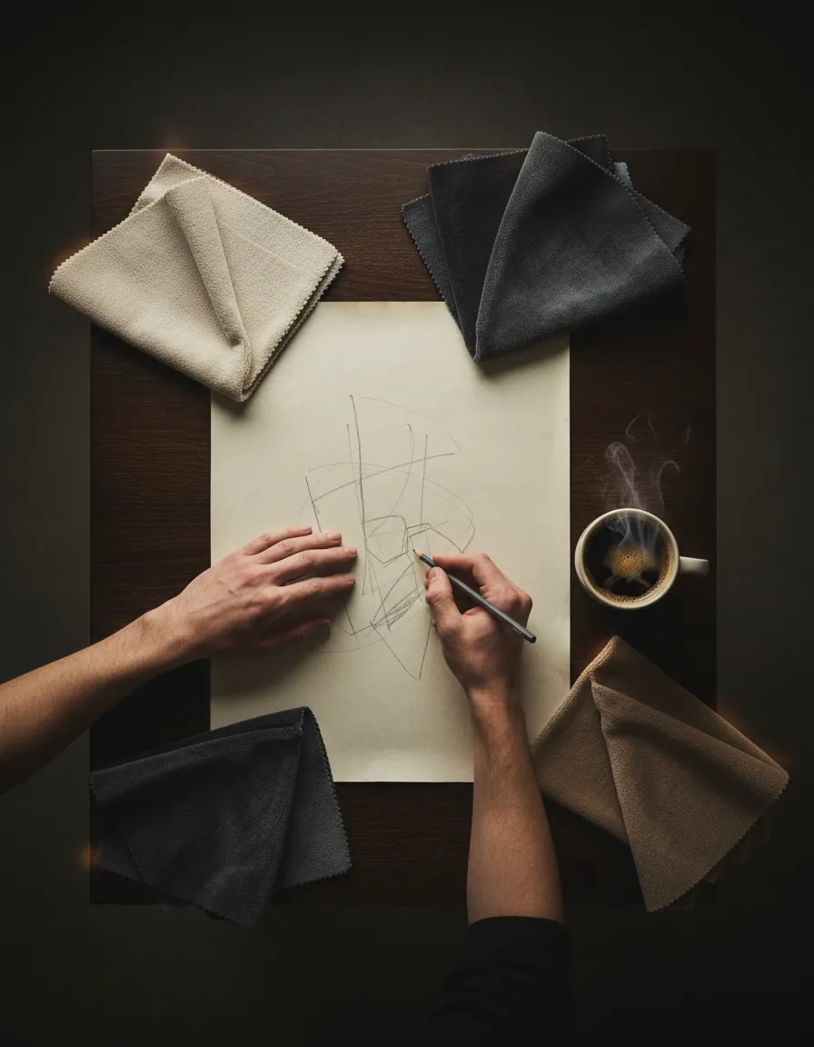 Editorial photograph of a design consultation and sketch process