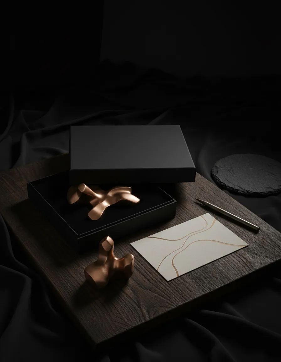 A high-end image composite showing luxury packaging and engraved keepsakes for corporate gifting.