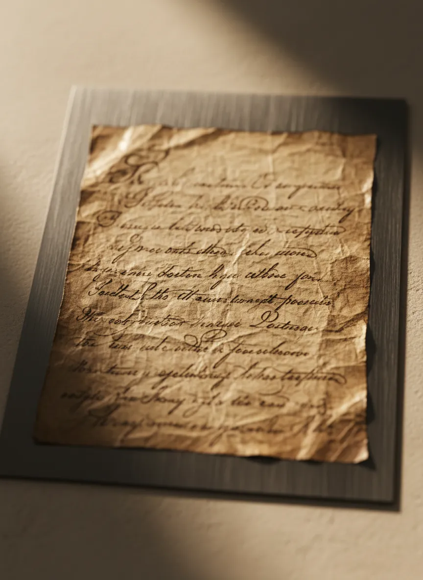 A dignified macro photograph highlighting the tactile texture of a preserved handwriting sample on fine material.