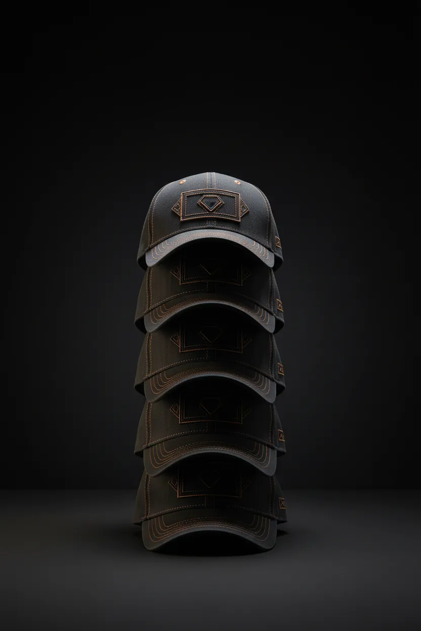 Stack of identical embroidered corporate hats in shadow