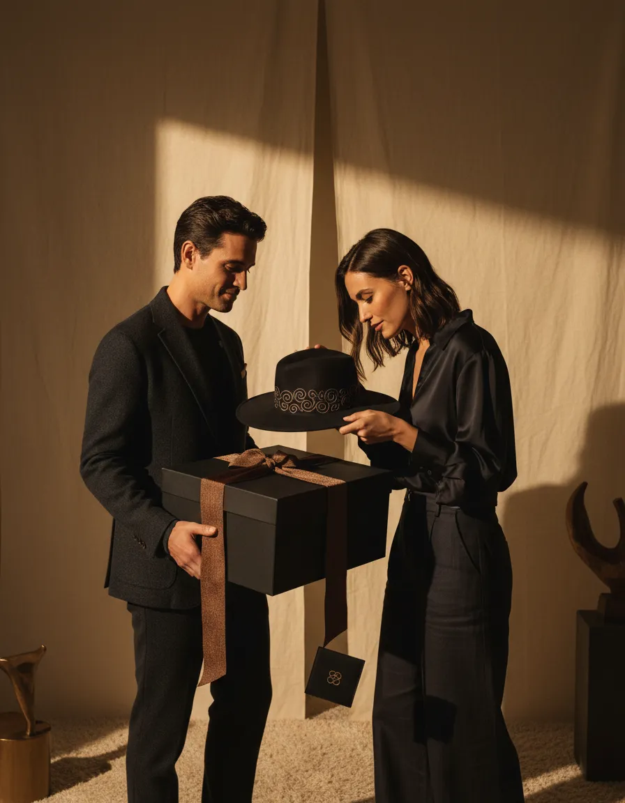 High-fashion emotional photo of a meaningful gifting moment with a premium hat