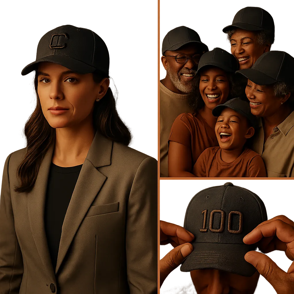 A premium composite editorial spread showing diverse lifestyle moments featuring customized hats and accessories