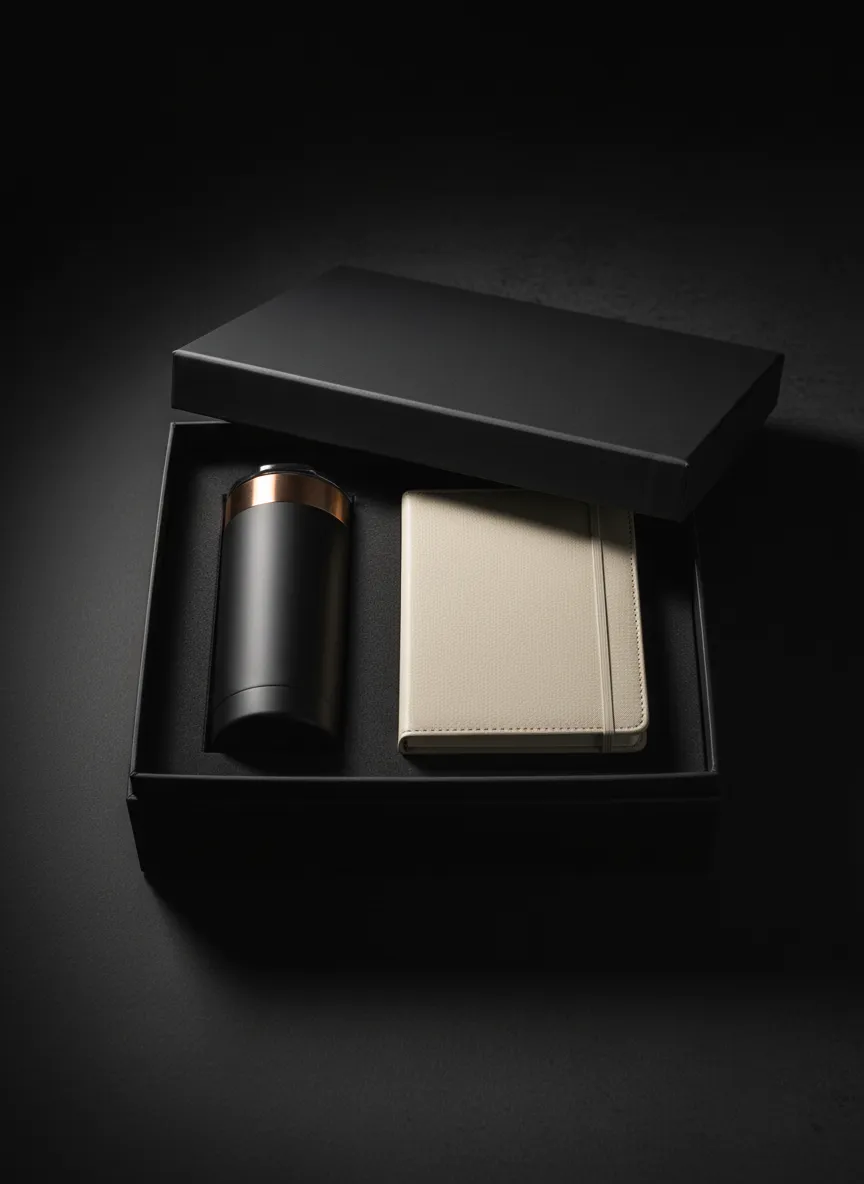 A sophisticated onboarding welcome kit featuring custom drinkware and notebooks