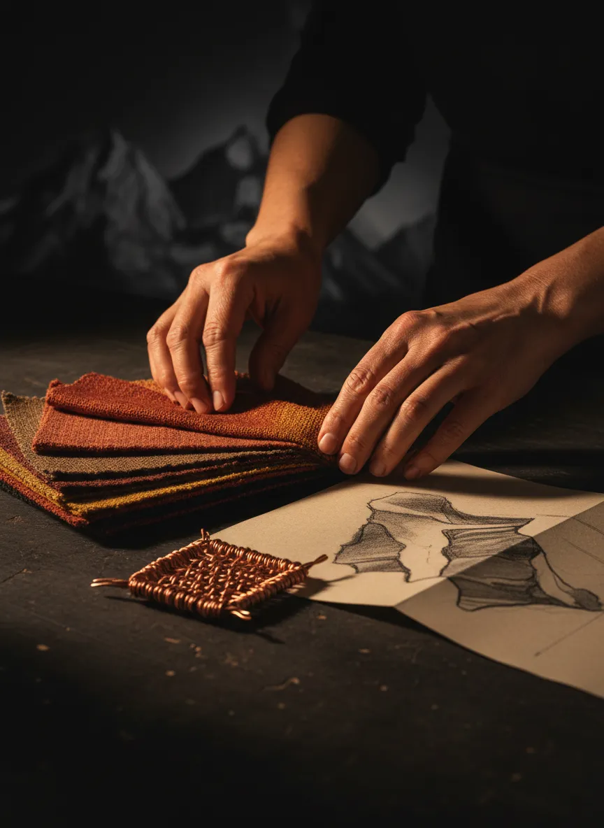 Warm workshop environment with hands carefully reviewing materials for a custom order