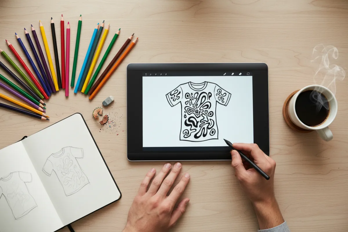 A flat lay of art supplies, digital tablet with a T-shirt sketch, colored pencils, and a cup of coffee on a wooden desk, hands visible sketching, creative workspace, 3:2 aspect ratio