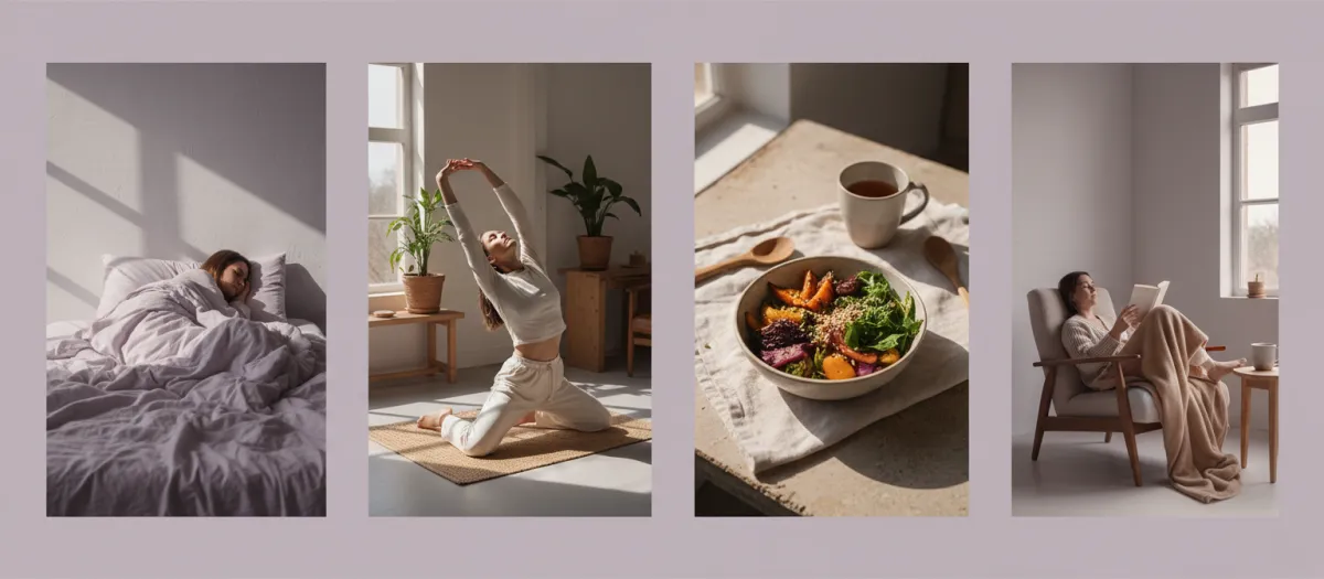 Lifestyle montage showing calm sleep, gentle movement, mindful eating, and cognitive wellness scenes