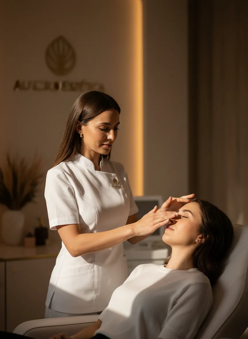 Especialista de Aura Estética atendiendo a una clienta en una clínica de lujo, reflejando confianza y profesionalismo