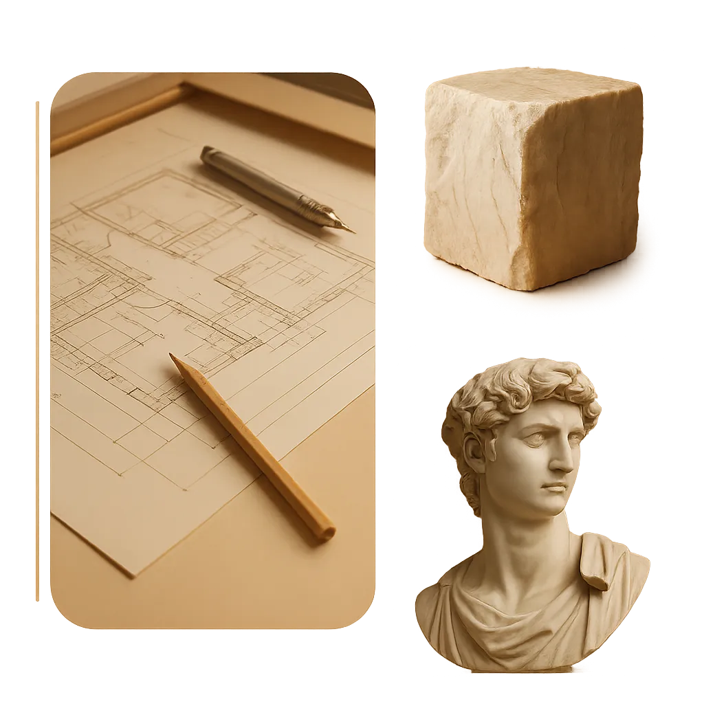 Composite showing a concept drawing transforming into a finished marble bust