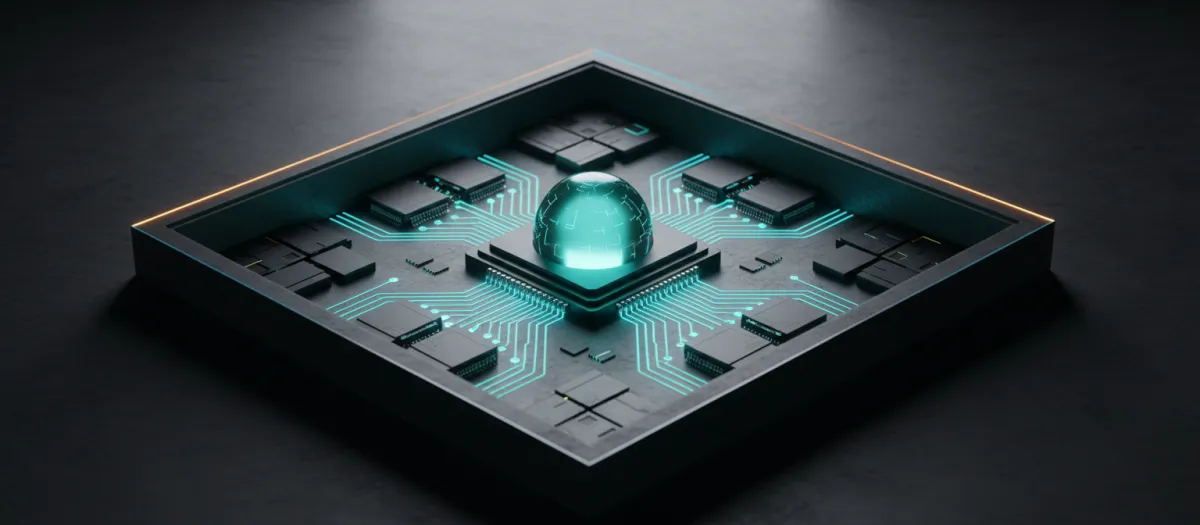 A Deep Slate #1B2330 container showing a clean node-link diagram using Electric Teal #19E6D2 nodes and Intelligent Cyan #4EDBFF lines. Small monospace labels in IBM Plex Mono. Central Isolio Core node with subtle outer glow.