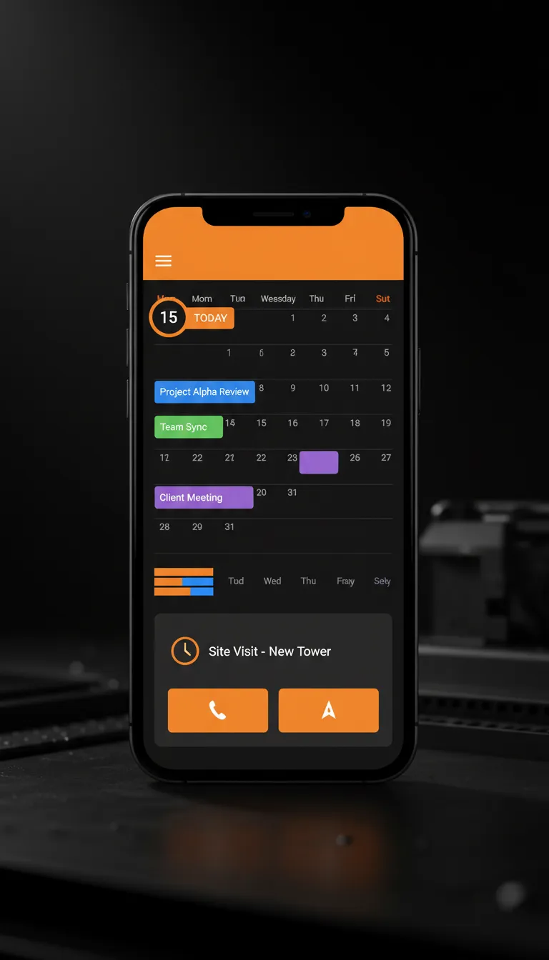 Phone mockup showing Calendar & Scheduling tool