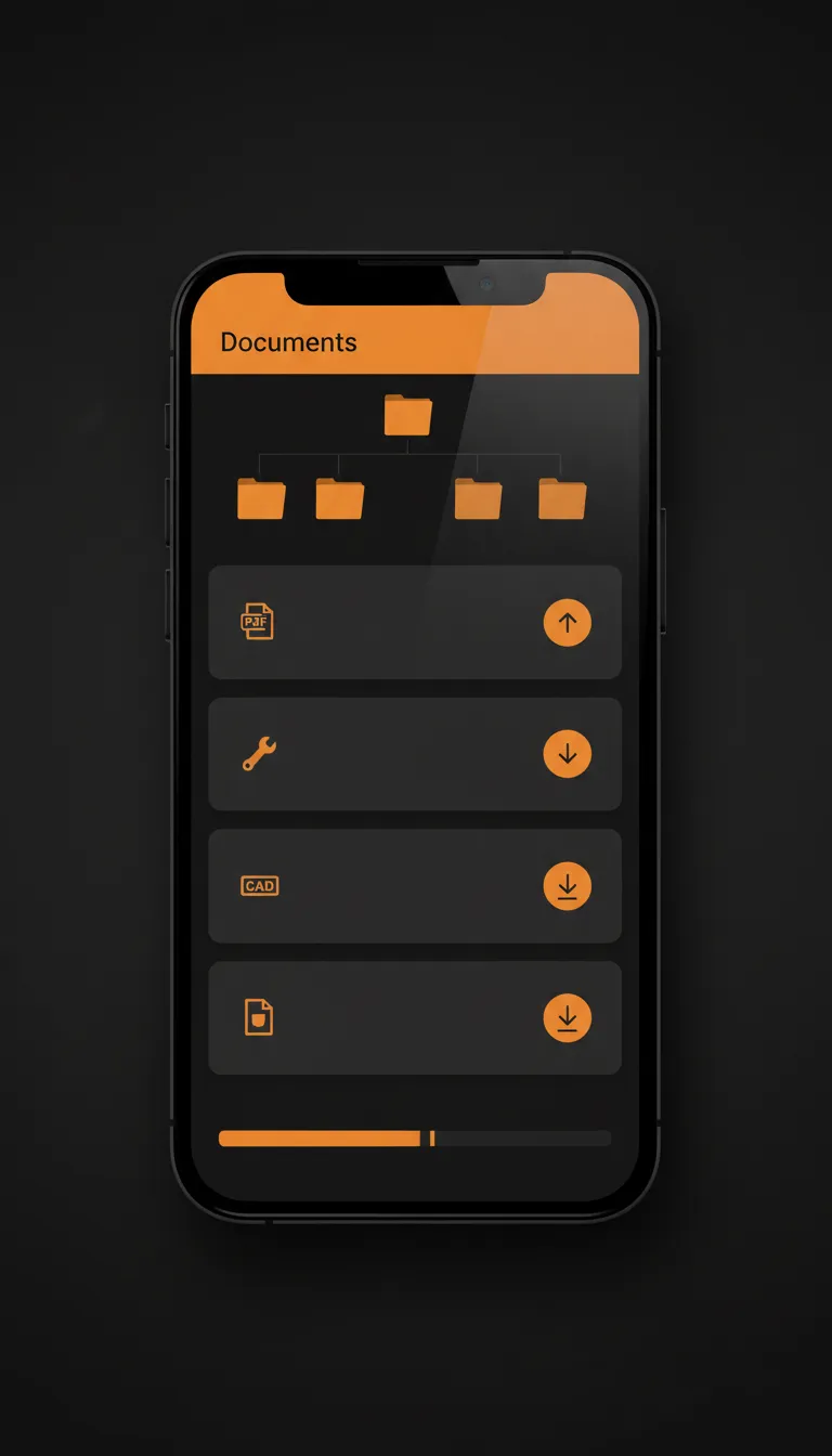 Phone mockup showing Document Management tool