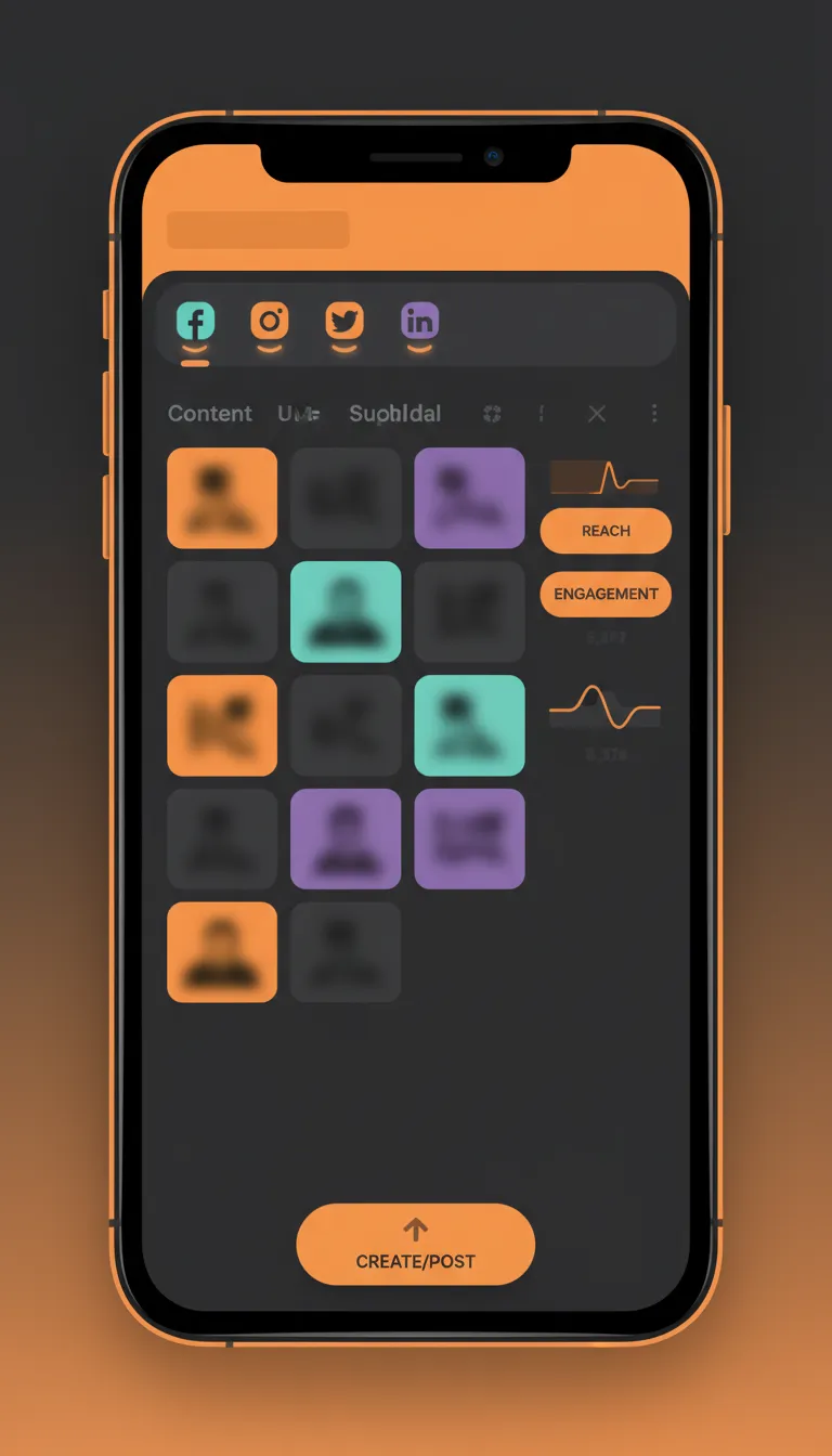 Dark phone screen, orange header Social Media, content calendar scheduled posts, platform icons Facebook Instagram LinkedIn TikTok Google, analytics section Reach Engagement