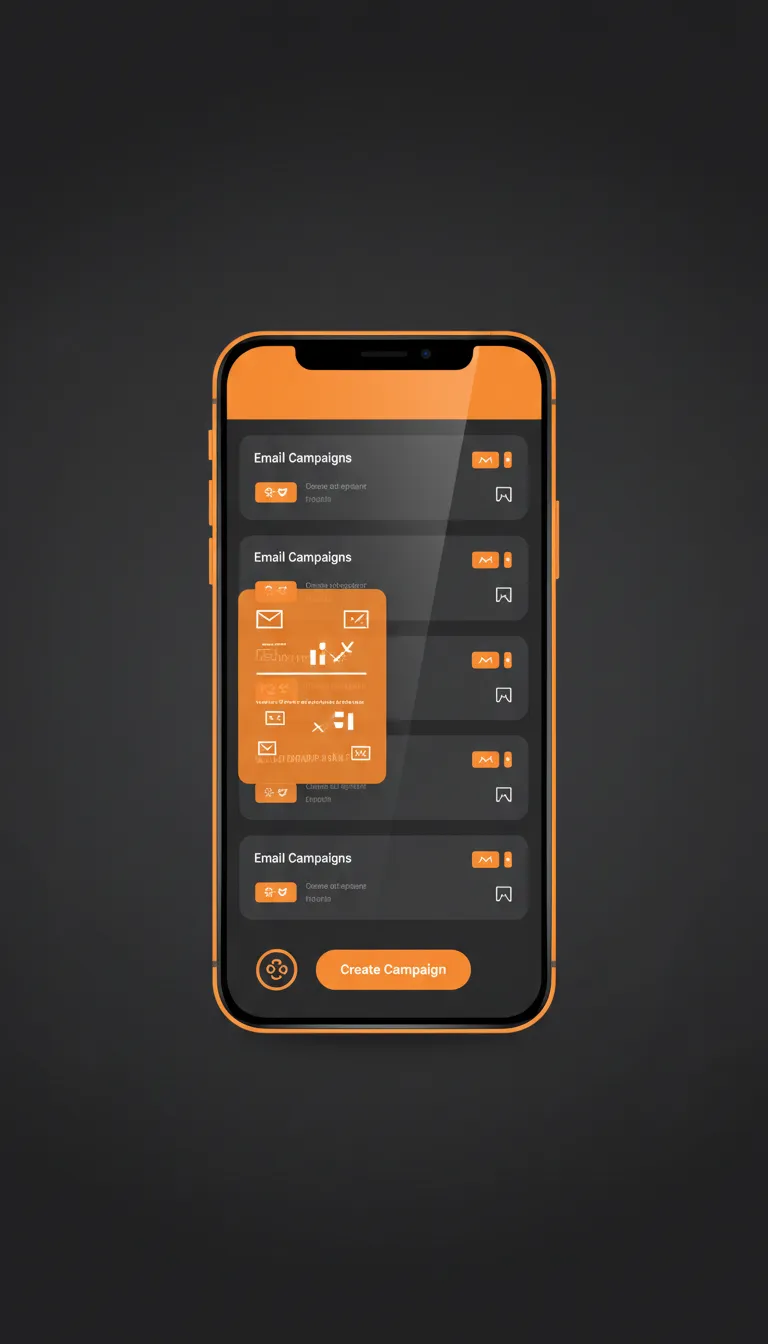 Dark phone screen, orange header Email Campaigns, campaign list Promo and Announcement, stats Sent Opened Clicked, Create Campaign button, audience selector