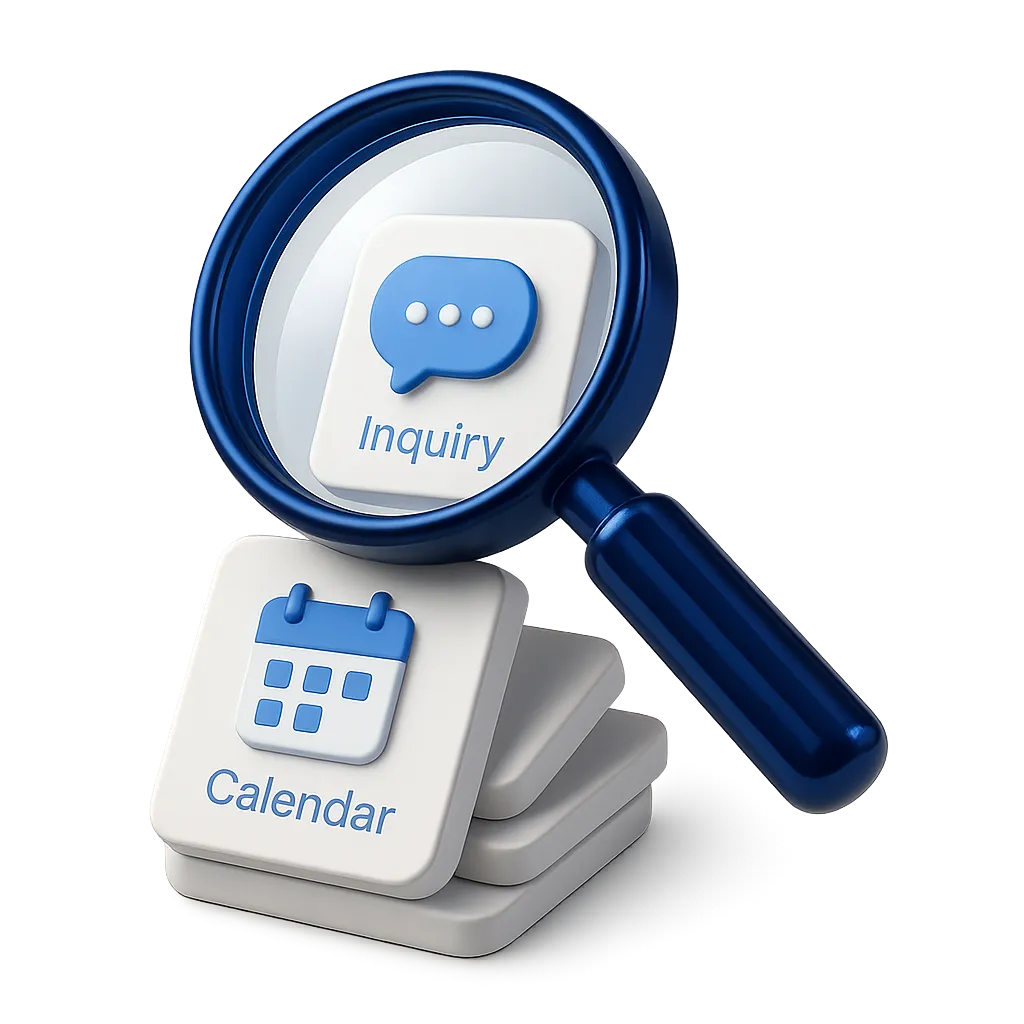 3D blue-glass magnifying glass examining modular operational workflows