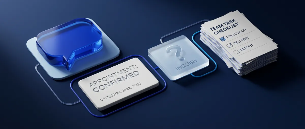 Process Connection Visual: 3D cobalt blue glass and matte porcelain objects representing the automation flow