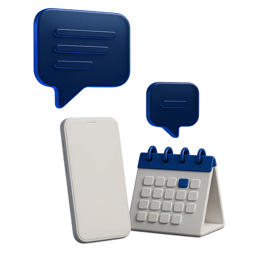 3D cobalt blue glass and matte white objects representing structured business automations