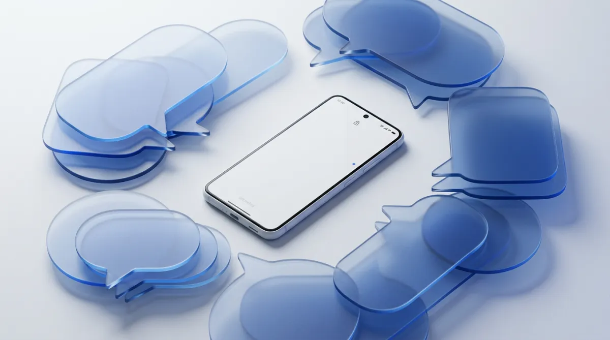 Glass Conversation Bubble UI showing conversational AI inquiry flow on a matte white phone frame with translucent cobalt message bubbles